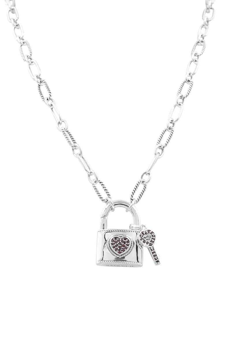 Sterling Silver & 18K Gold Garnet Lock & Key Pendant Necklace, Main, color, SILVER/ RED