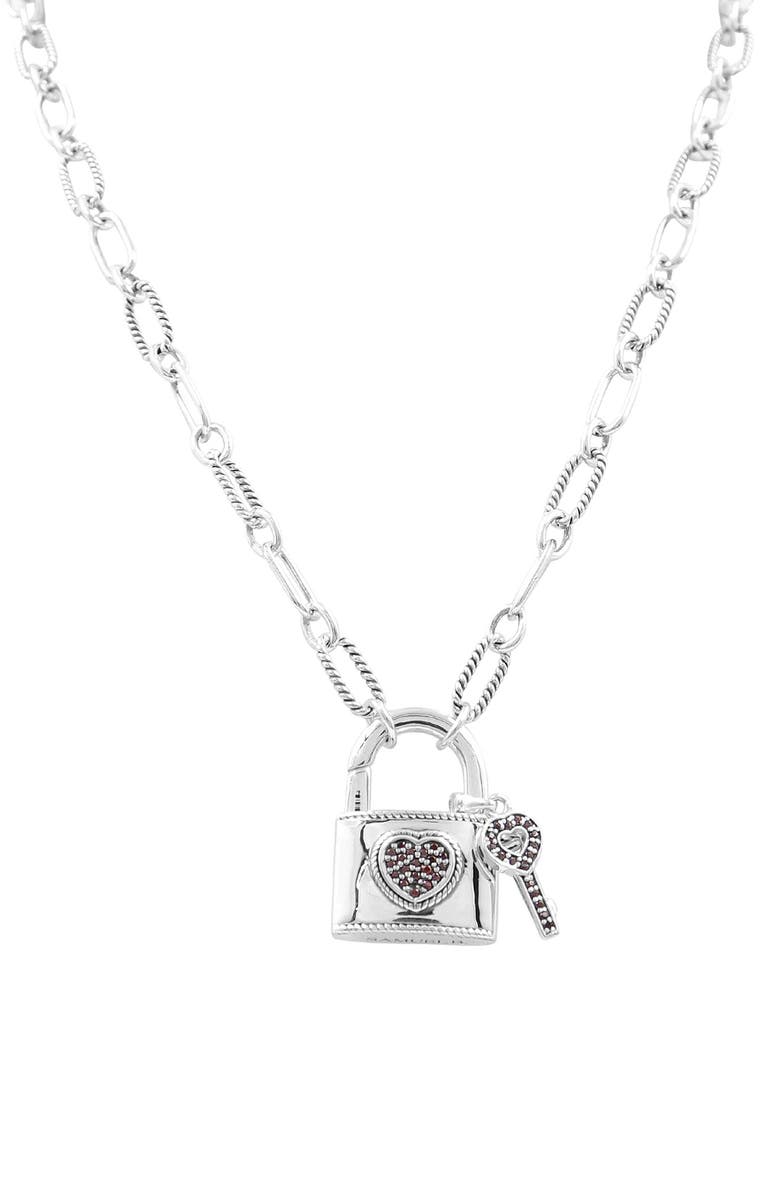 SAMUEL B. Sterling Silver & 18K Gold Garnet Lock & Key Pendant Necklace, Main, color, 