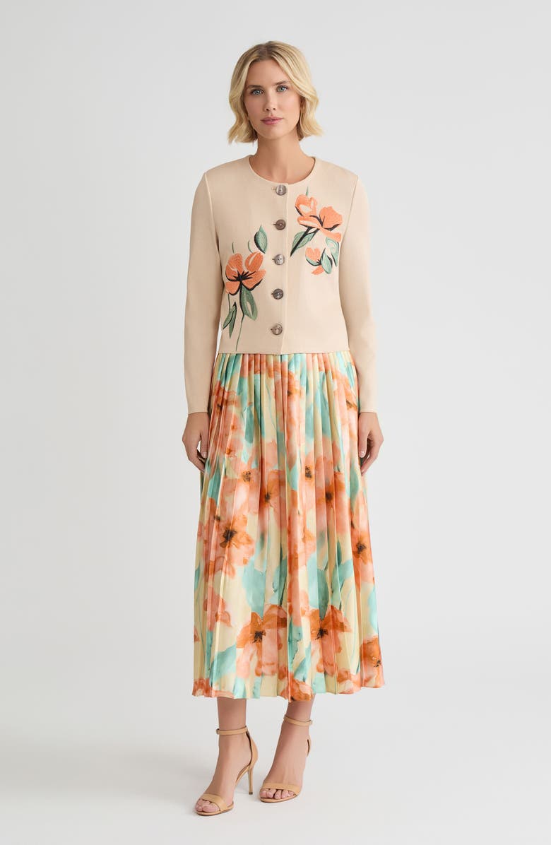 Misook Heritage Floral Embroidered Flat Knit Cardigan, Alternate, color, Biscotti/Mystic Green