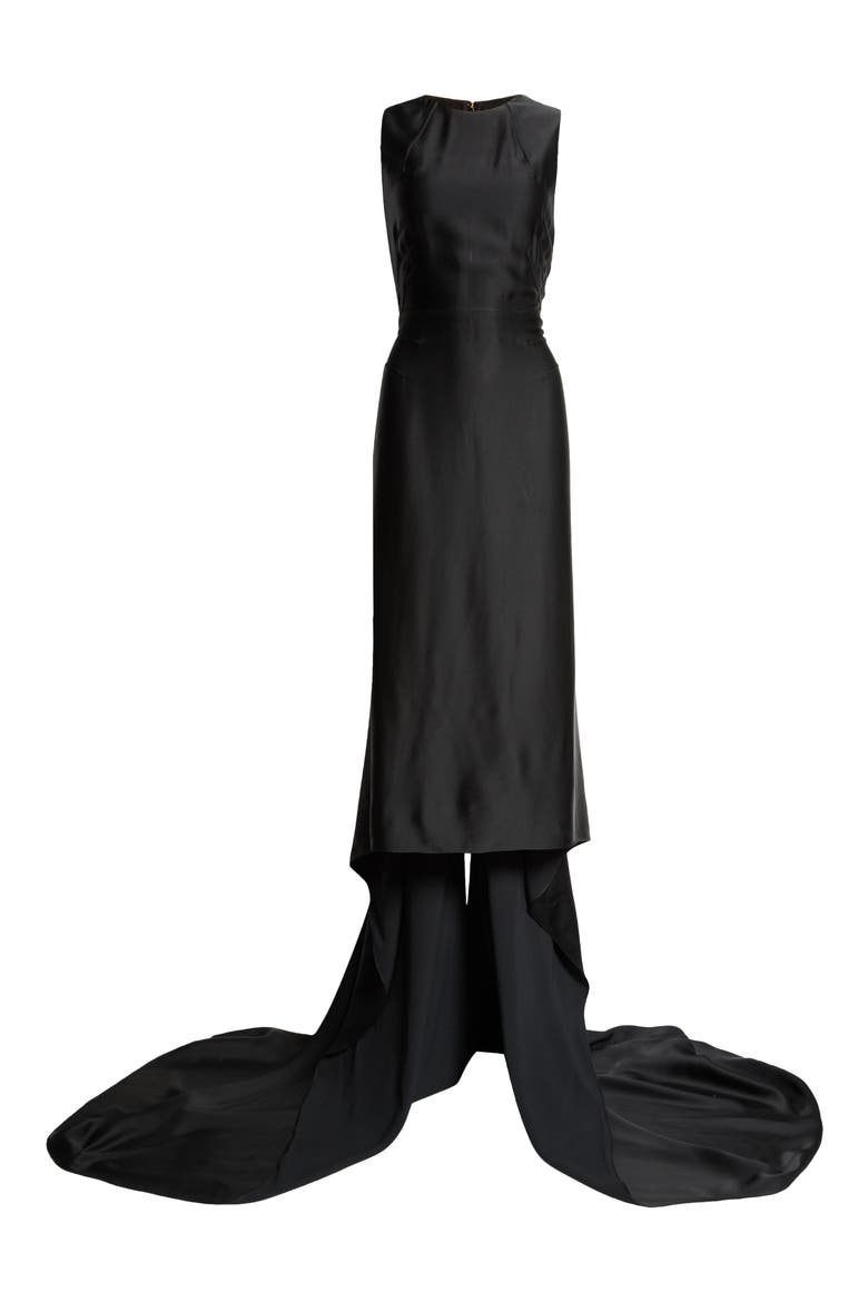 Fishtail Train Sleeveless Crepe Gown, Alternate, color, BLACK