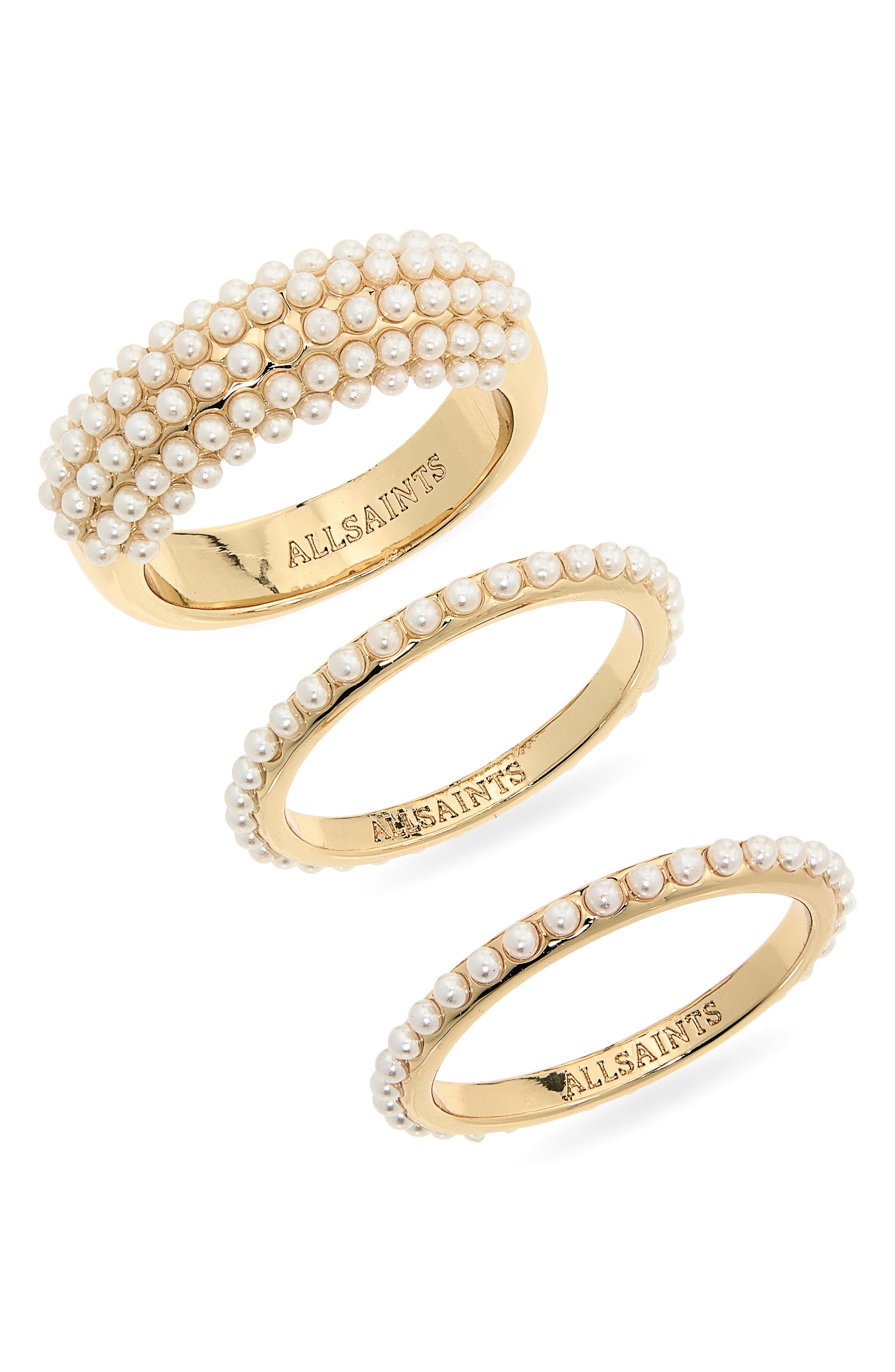 AllSaints Set of 3 Faux Pearl Assorted Rings