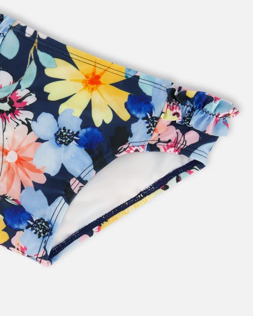 Deux Par Deux Little Girl's Printed Two-piece Swimsuit Navy And Yellow And Pink Flowers In Navy Yellow And Pink Flowers