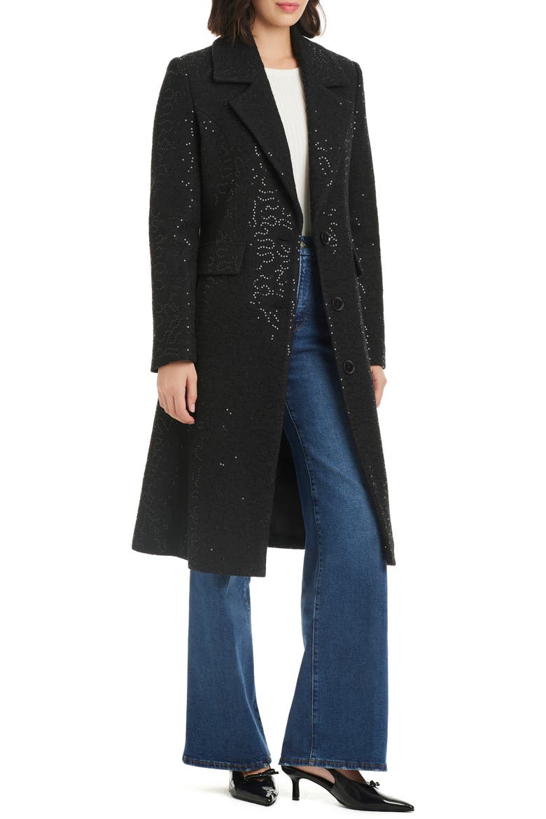 Sequin Pattern Longline Coat, Alternate, color, BLACK