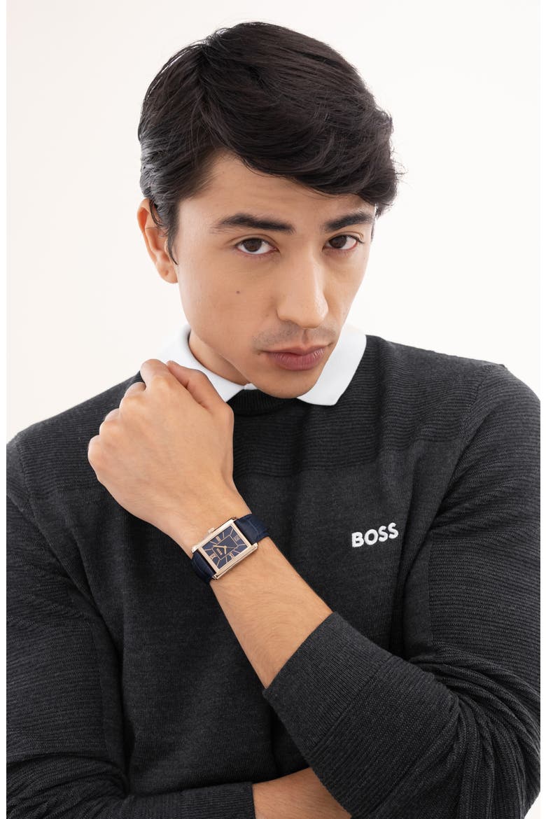 Principle Dress Leather Strap Watch, 28mm x 39mm, Alternate, color, BLUE