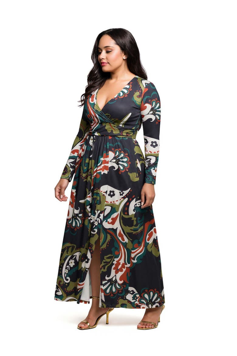 Paisley Print Long Sleeve Wrap Maxi Dress, Alternate, color, Navy Multi