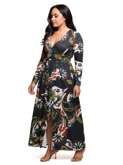 24seven Comfort Apparel Paisley Print Long Sleeve Wrap Maxi Dress In Blue