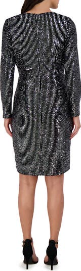 Velvet Sequin Long Sleeve Faux Wrap Dress