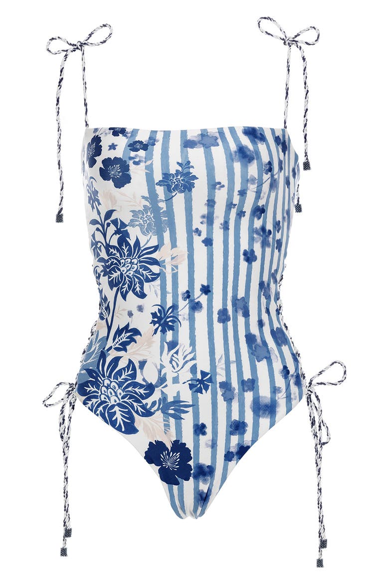 Posh Batik Lace-Up One-Piece Swimsuit, Alternate, color, BLUE