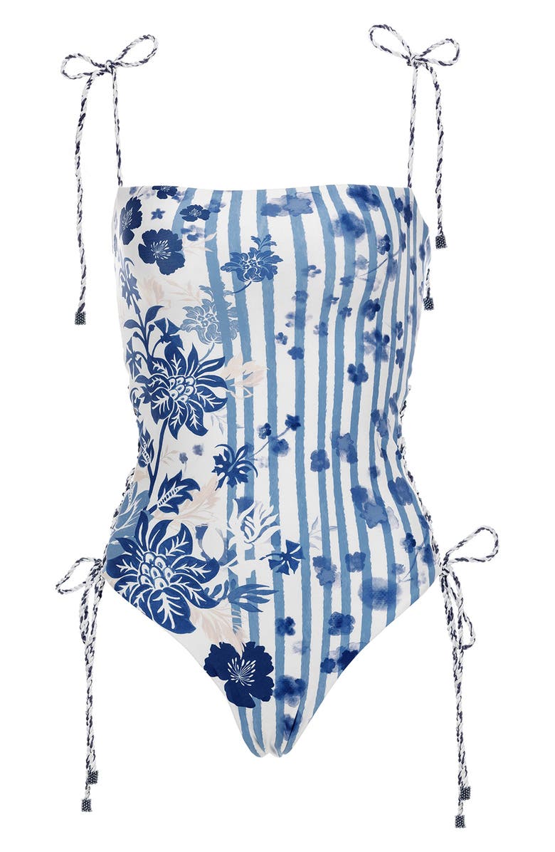 Agua Bendita Posh Batik Lace-Up One-Piece Swimsuit, Alternate, color, Blue
