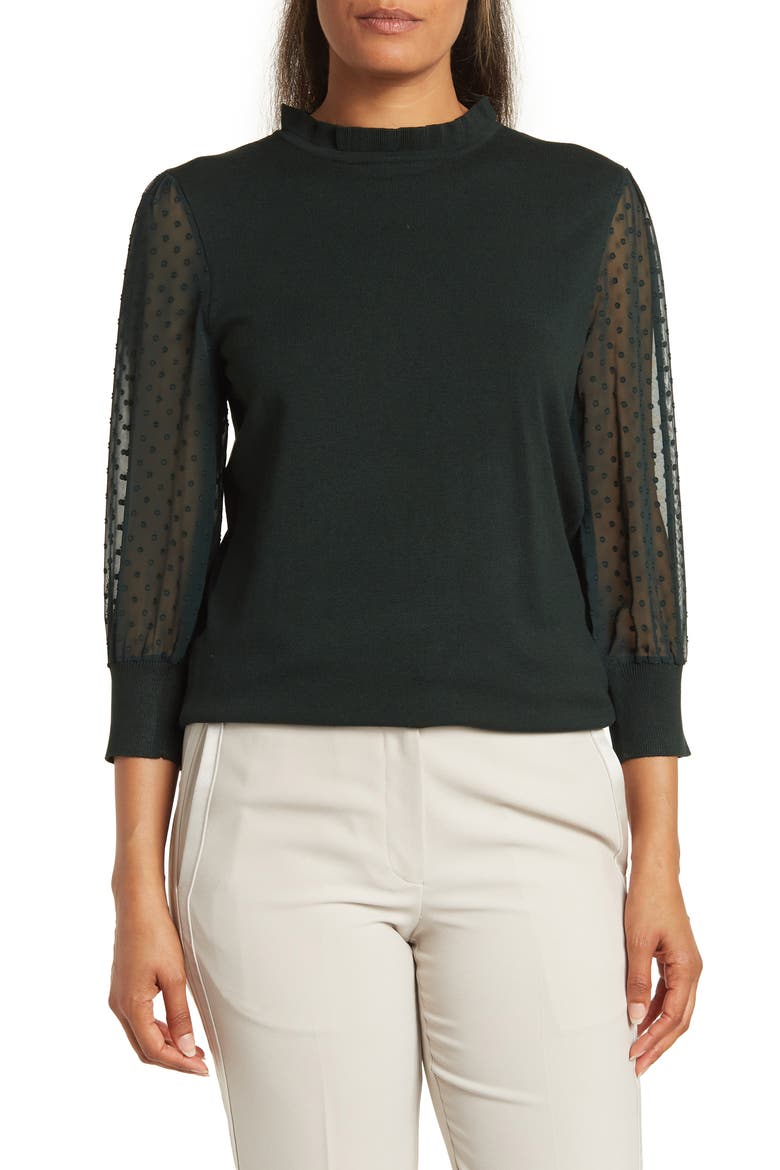 Ruffle Neck Lace Sleeve Sweater, Main, color, HUNTER