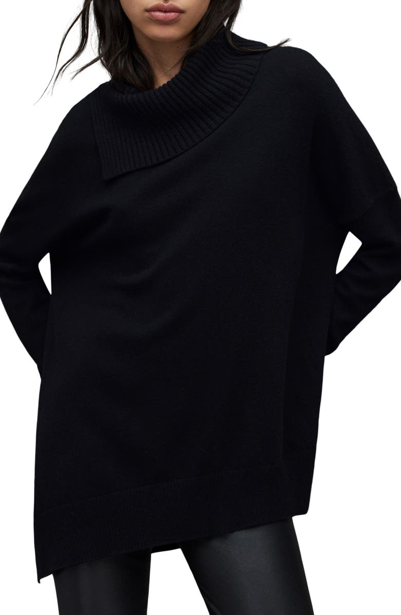 AllSaints Whitby Cashere & Wool Asymmetric Turtleneck Sweater, Main, color, 