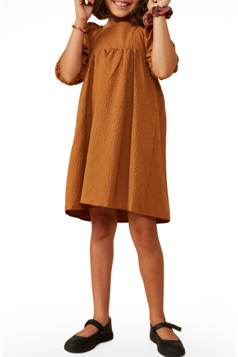 Kids' Floral Embroidered Square Neck Dress, Main, color, CAMEL
