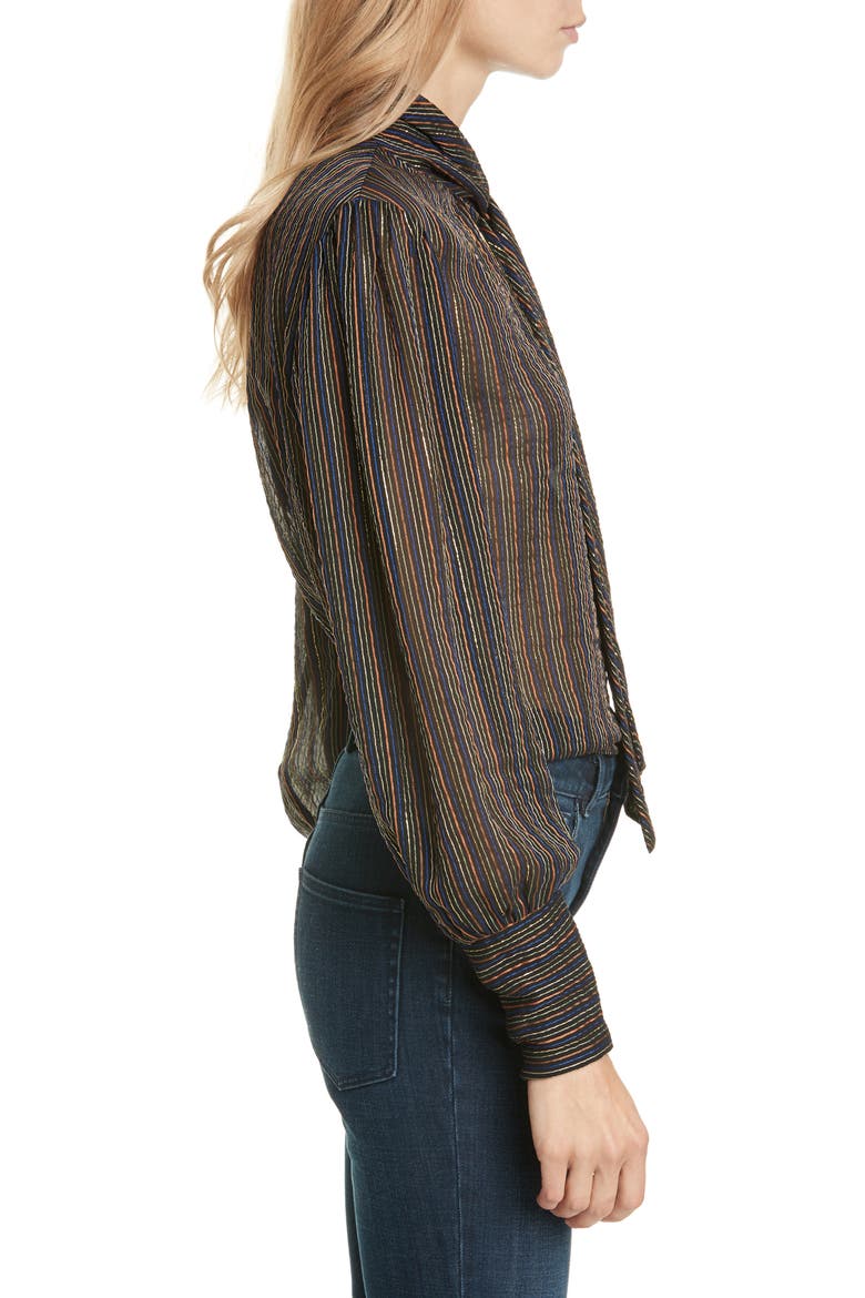 Metallic Stripe Tie Neck Silk Blend Blouse, Alternate, color, BLACK COMBO