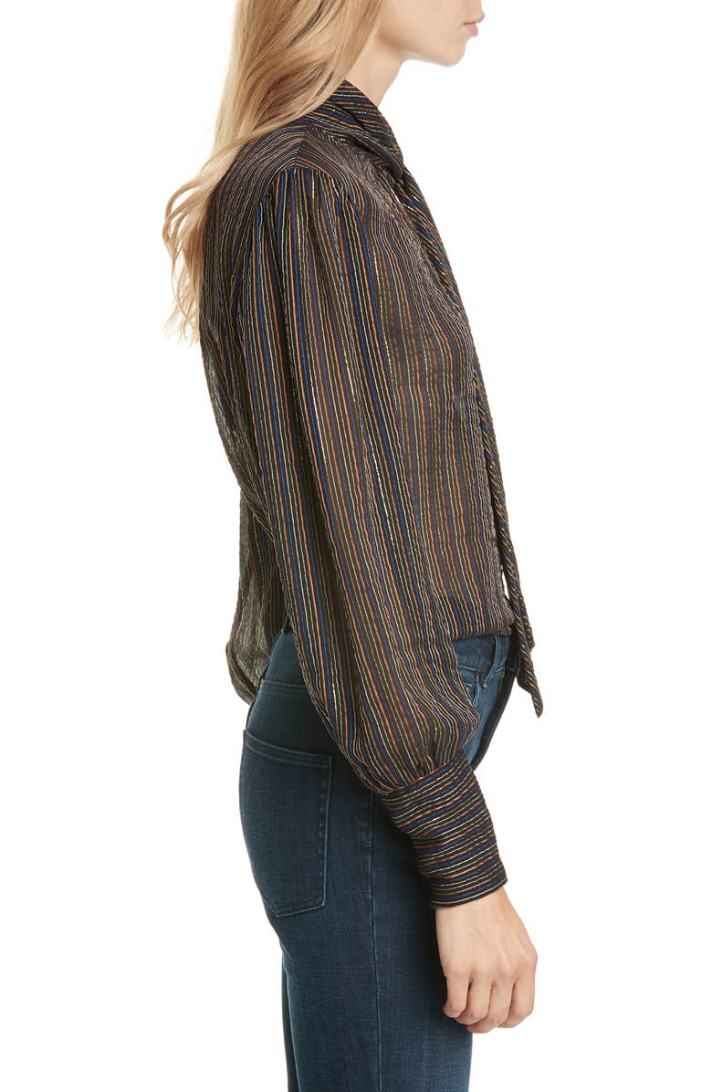 Rebecca Taylor Metallic Stripe Tie Neck Silk Blend Blouse, Alternate, color, 