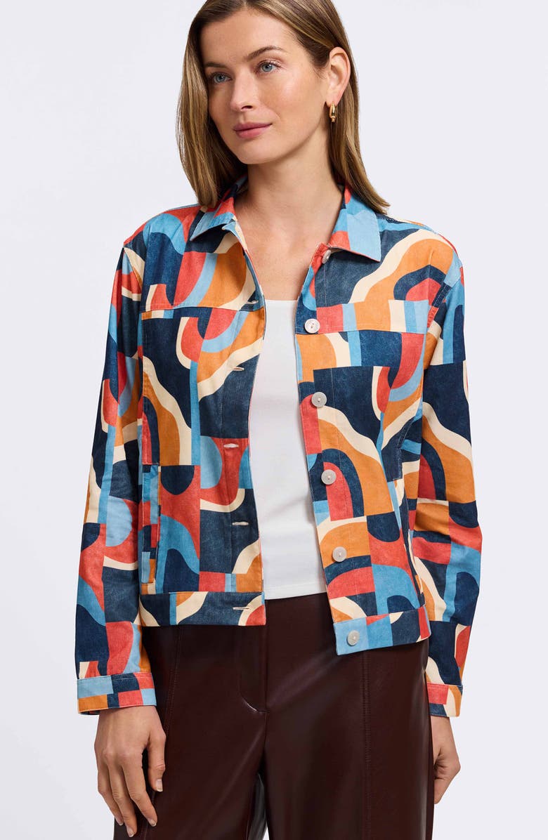 Foxcroft Thelma Geo Print Cotton Corduroy Shirt Jacket, Alternate, color, Blue Multi