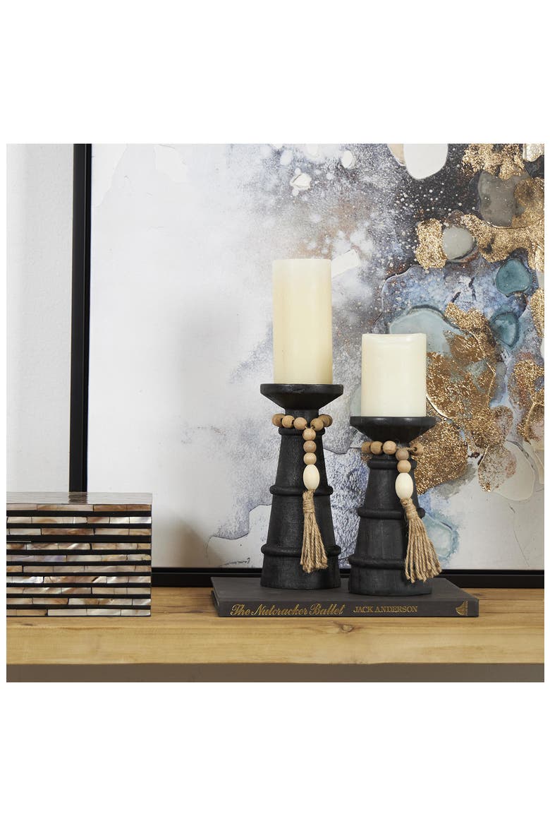 Set of 2 Wood Pillar Candle Holders, Alternate, color, BLACK
