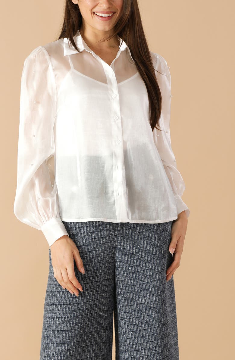 FLYING TOMATO Organza Embellished Button-Up Shirt, Alternate, color, Cream