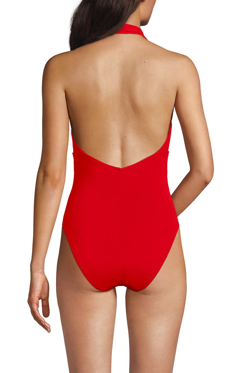 Lands' End SlenderSuit Halter Ruched Plunge High Leg One Piece Swimsuit, Alternate, color, Daylily Red
