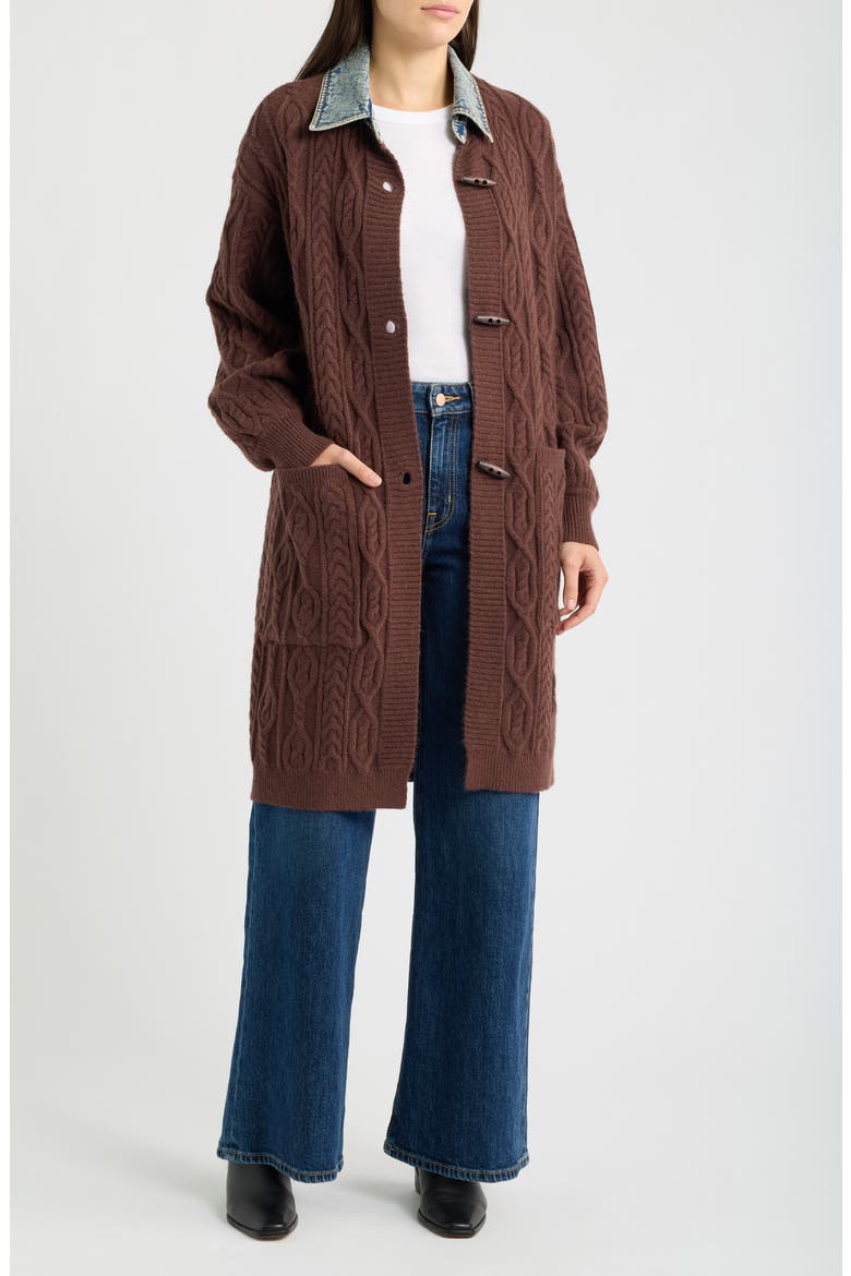 Denim Collar Cable Long Cardigan, Main, color, CHOCOLATE