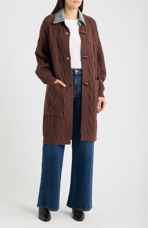 City Blues Denim Collar Cable Long Cardigan In Chocolate