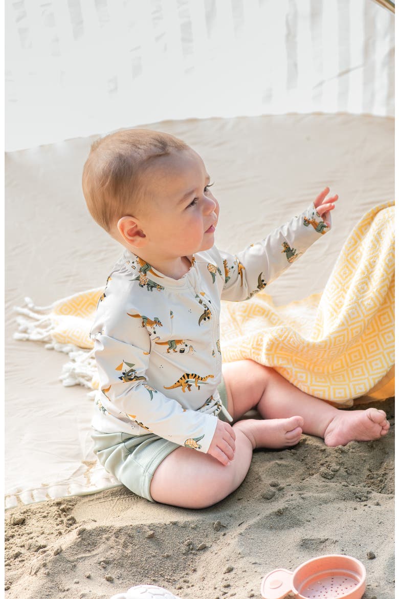 Beach Dino Print Long Sleeve Rashguard & Shorts Set, Alternate, color, BEIGE