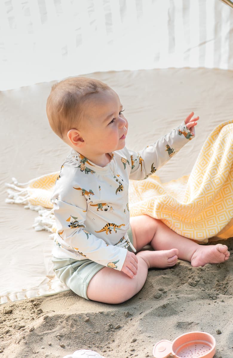 Petit Lem Beach Dino Print Long Sleeve Rashguard & Shorts Set, Alternate, color, Beige