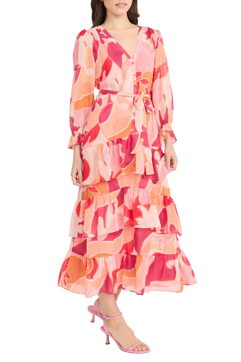 Tie Waist Long Sleeve Tiered Maxi Dress, Alternate, color, CREAM/ MAGENTA