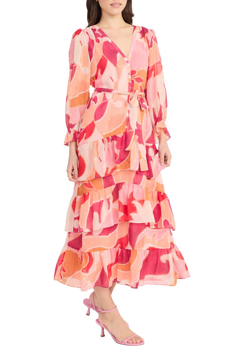 Donna Morgan Long Sleeve Ruffle Tiered Maxi Dress, Alternate, color, Cream/ Magenta