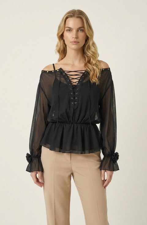 Elegant Lace-Up Peplum Blouse with Long Sleeves