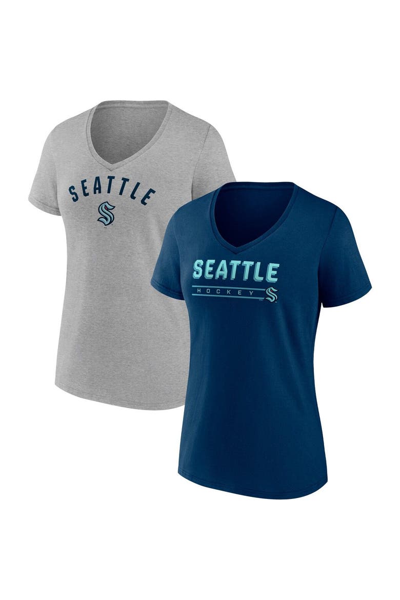 Women's Fanatics Branded Deep Sea Blue/Gray Seattle Kraken Parent 2-Pack V-Neck T-Shirt Set, Main, color, Navy