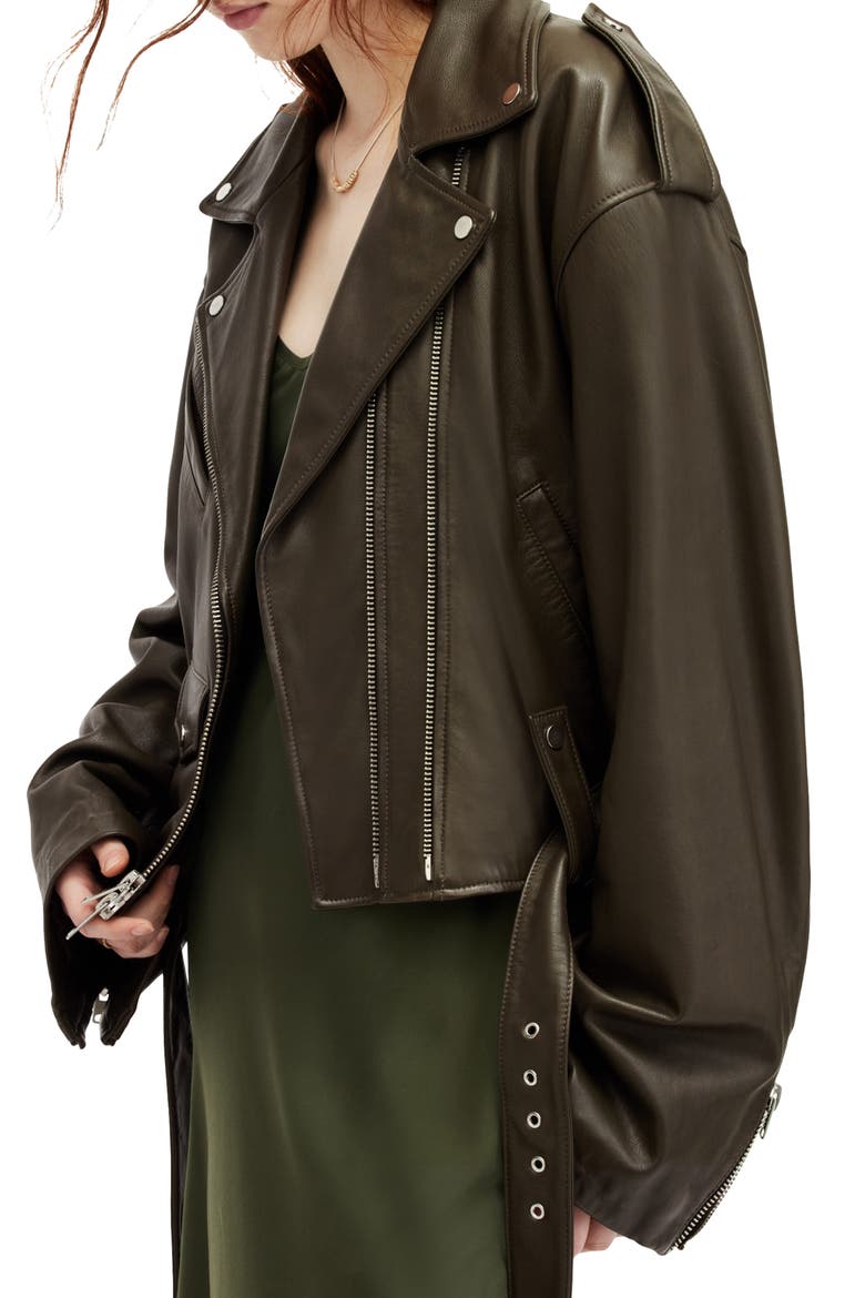 Dayle Leather Biker Jacket, Alternate, color, ARMY GREEN