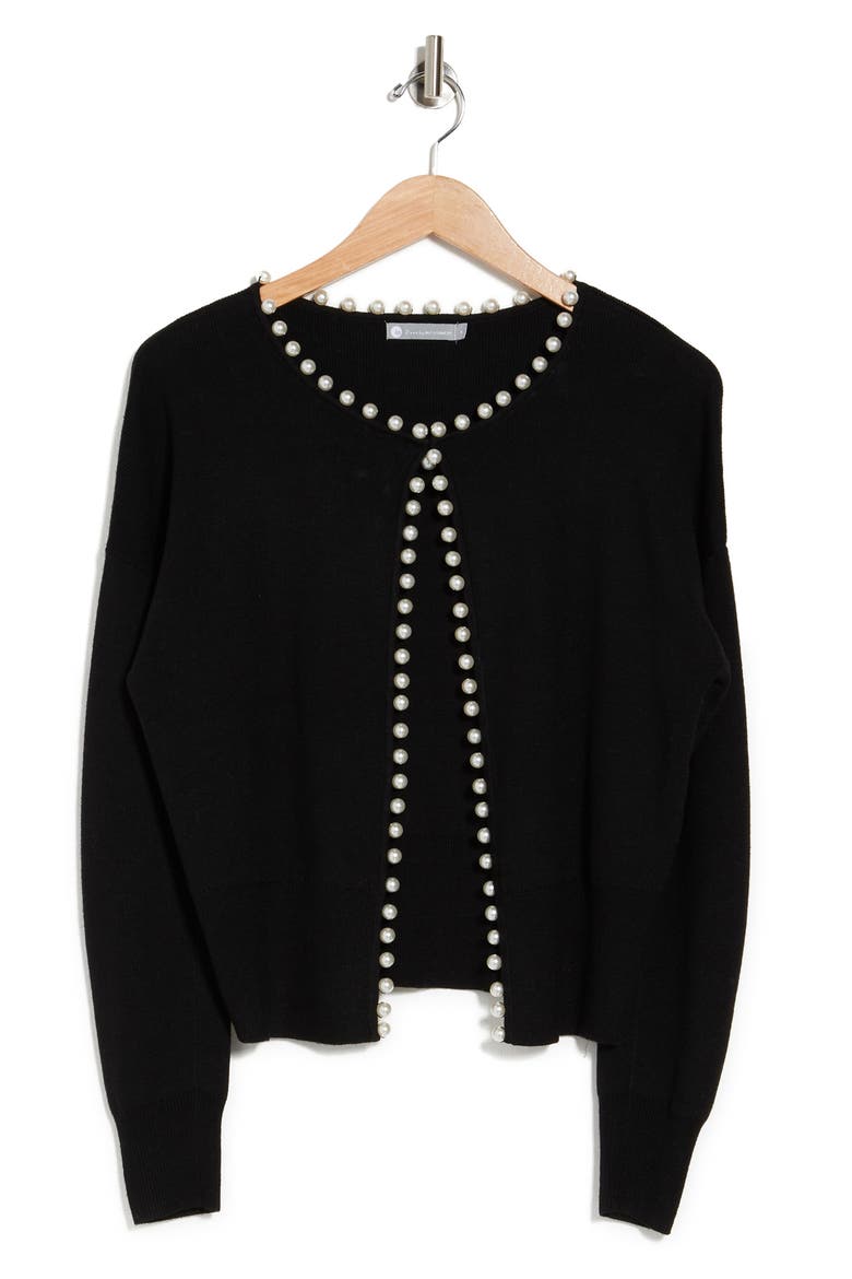 Pearl Embellished Knit Cardigan, Main, color, BLACK
