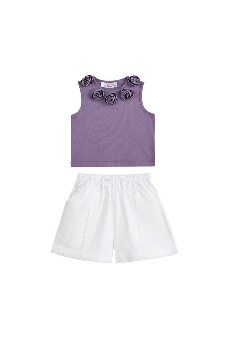 Rosette Top and Lace-Trim Shorts Set, Main, color, Purple