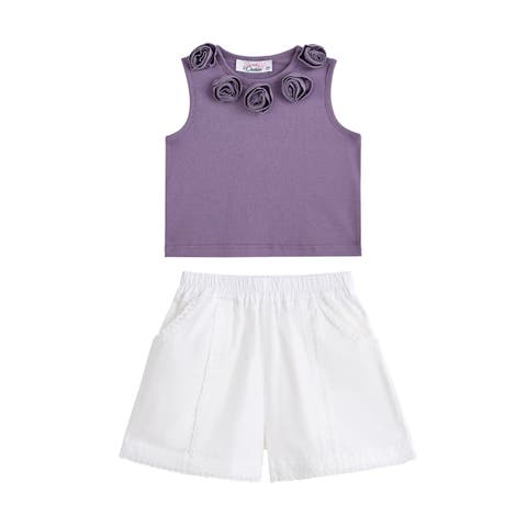 Rosette Top and Lace-Trim Shorts Set