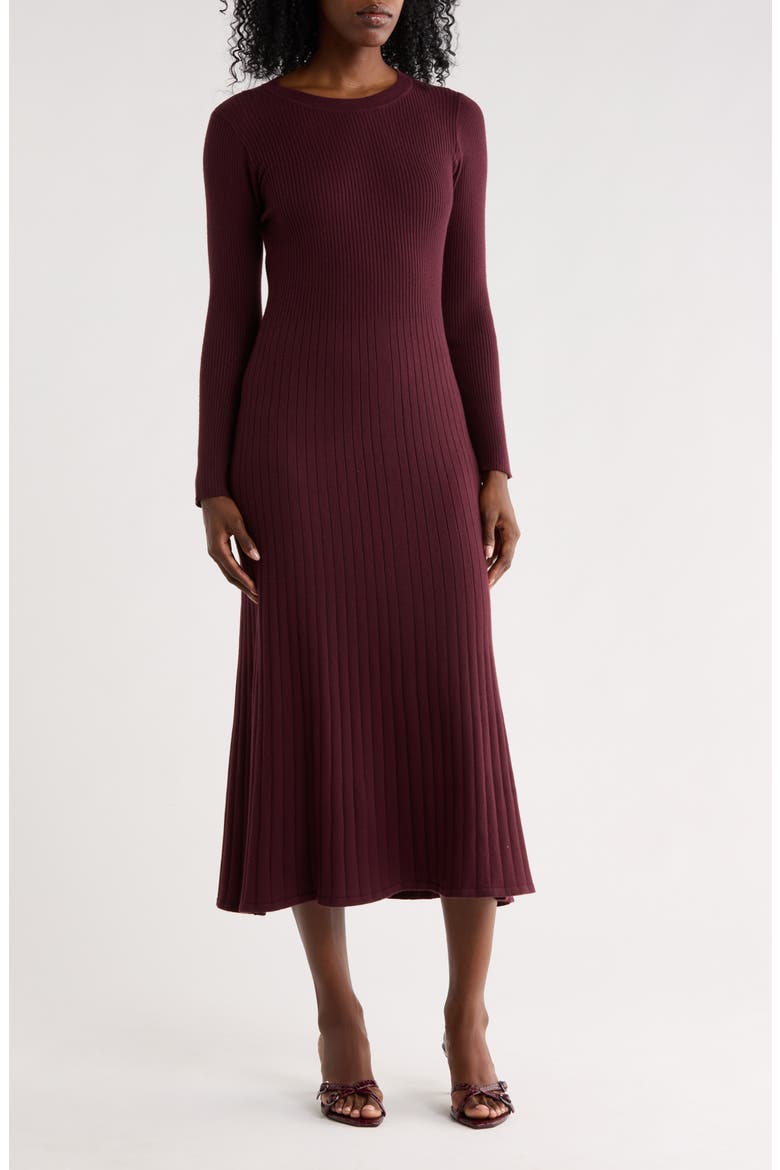 Ribbed Knit Long Sleeve Sweater Dress, Main, color, DARK WINE