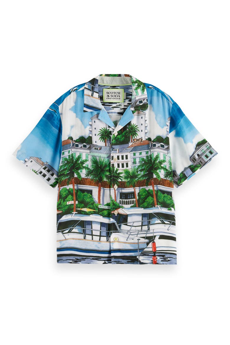 Kids' Marina Print Short Sleeve Button-Up Shirt, Main, color, BLUE SCENERY