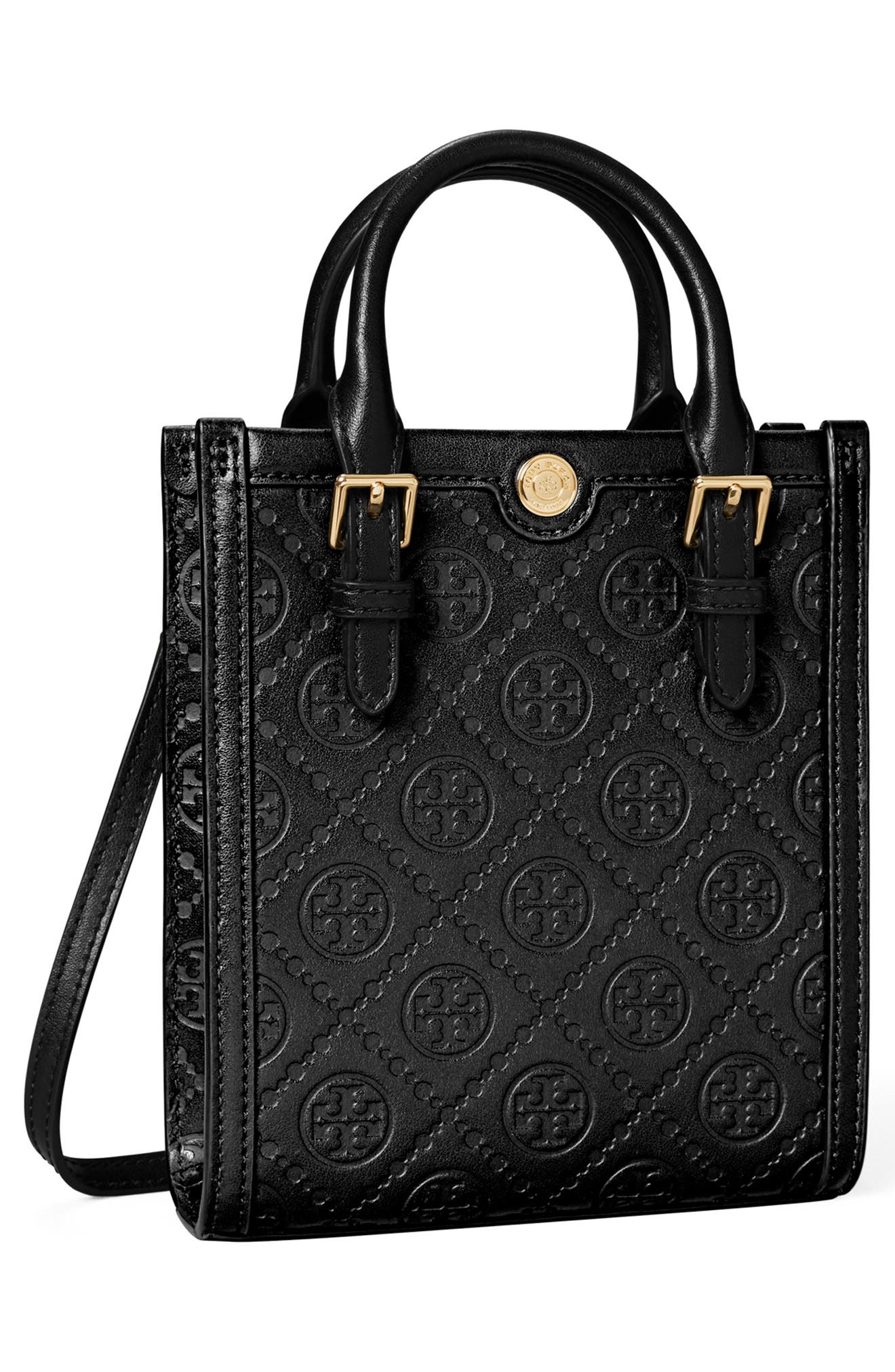 Tory Burch Mini T Monogram Debossed North/South Tote, Alternate, color, Black
