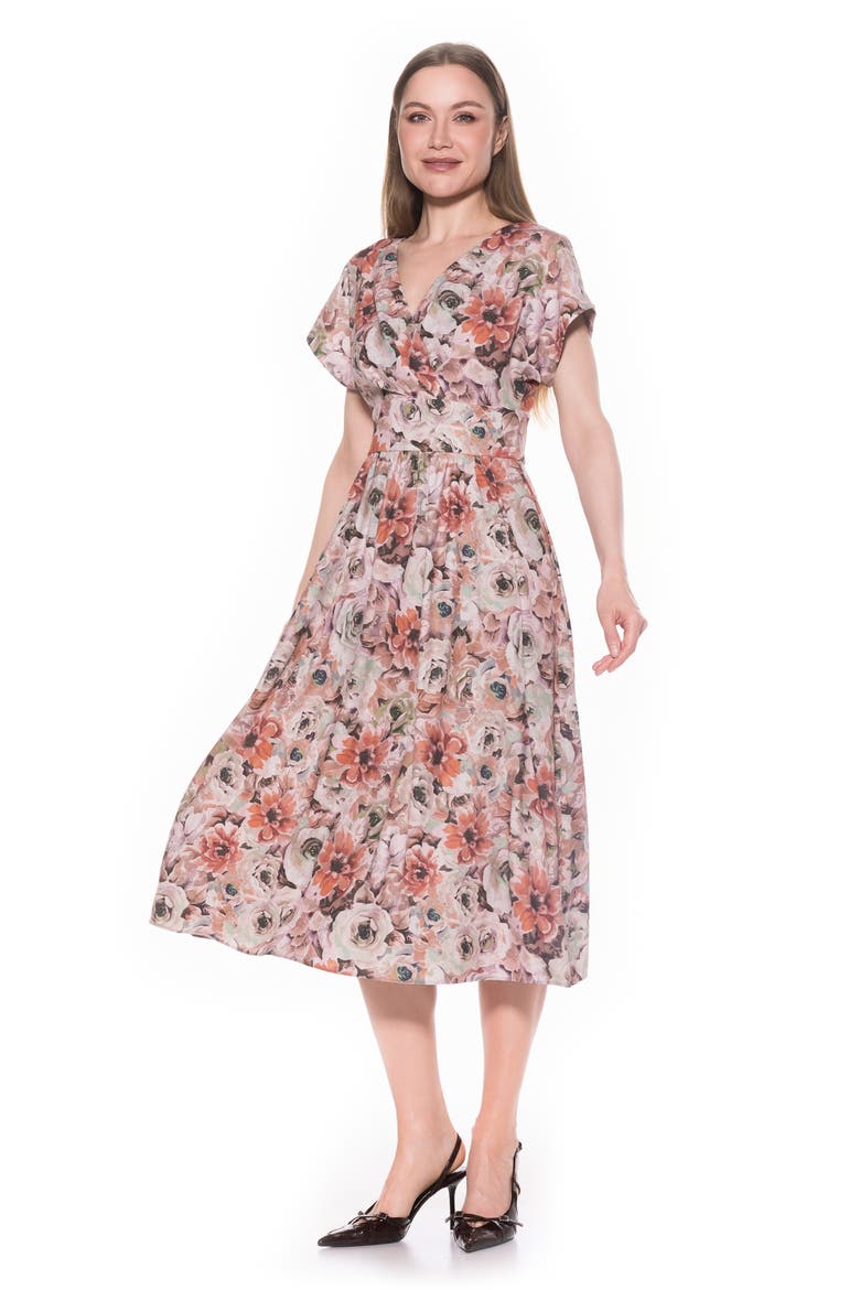 Ava Short Sleeve Fit & Flare Midi Dress, Alternate, color, BROWN FLORAL