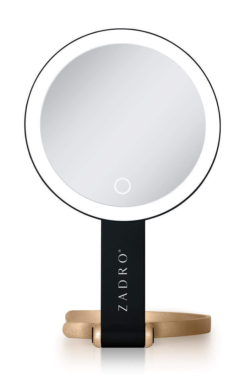 Zadro Multi-Position Lighted Travel Hand Mirror with 10X/1X Magnification, Alternate, color, Black/Gold