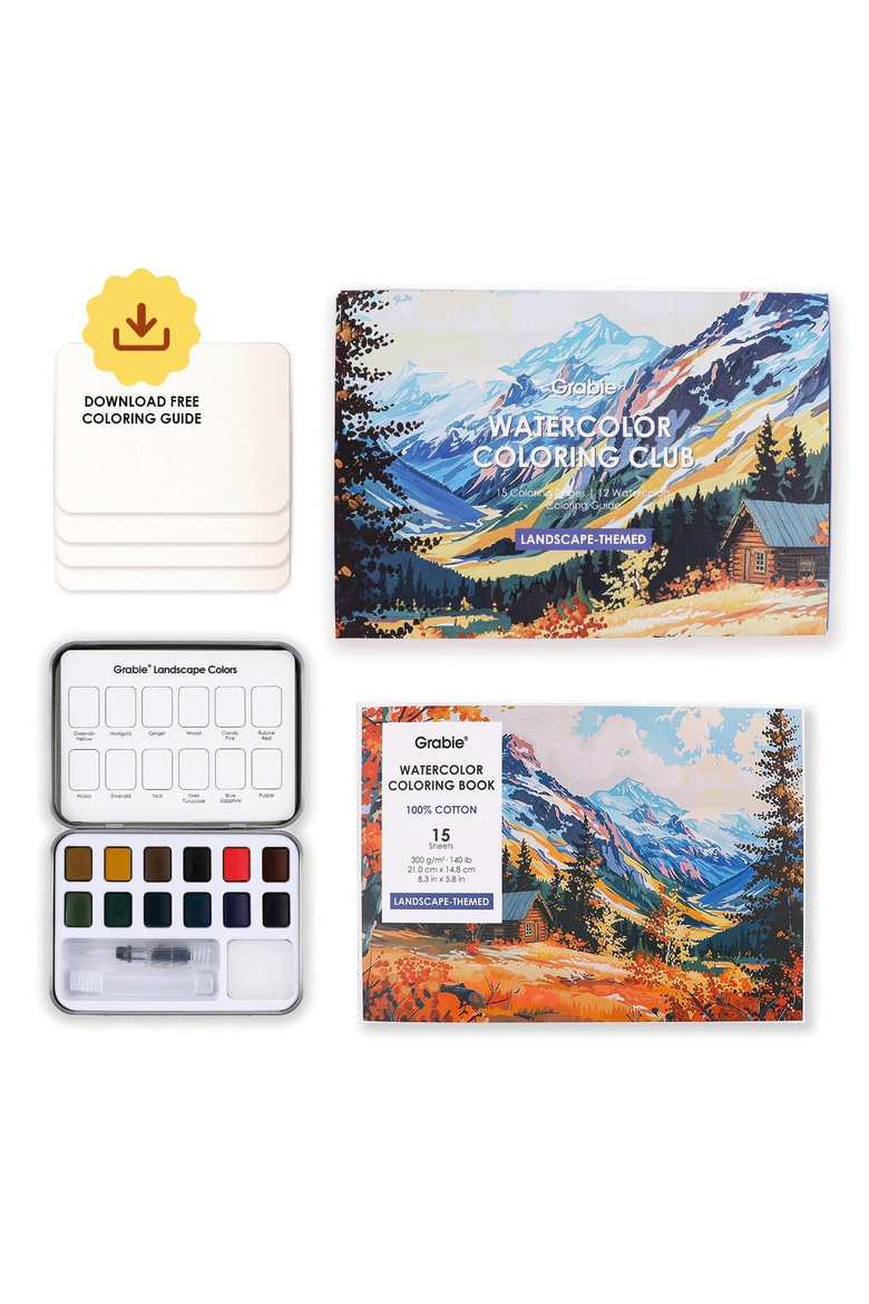 Landscape Themed Watercolor Coloring Club Box, Main, color, Blue-Green