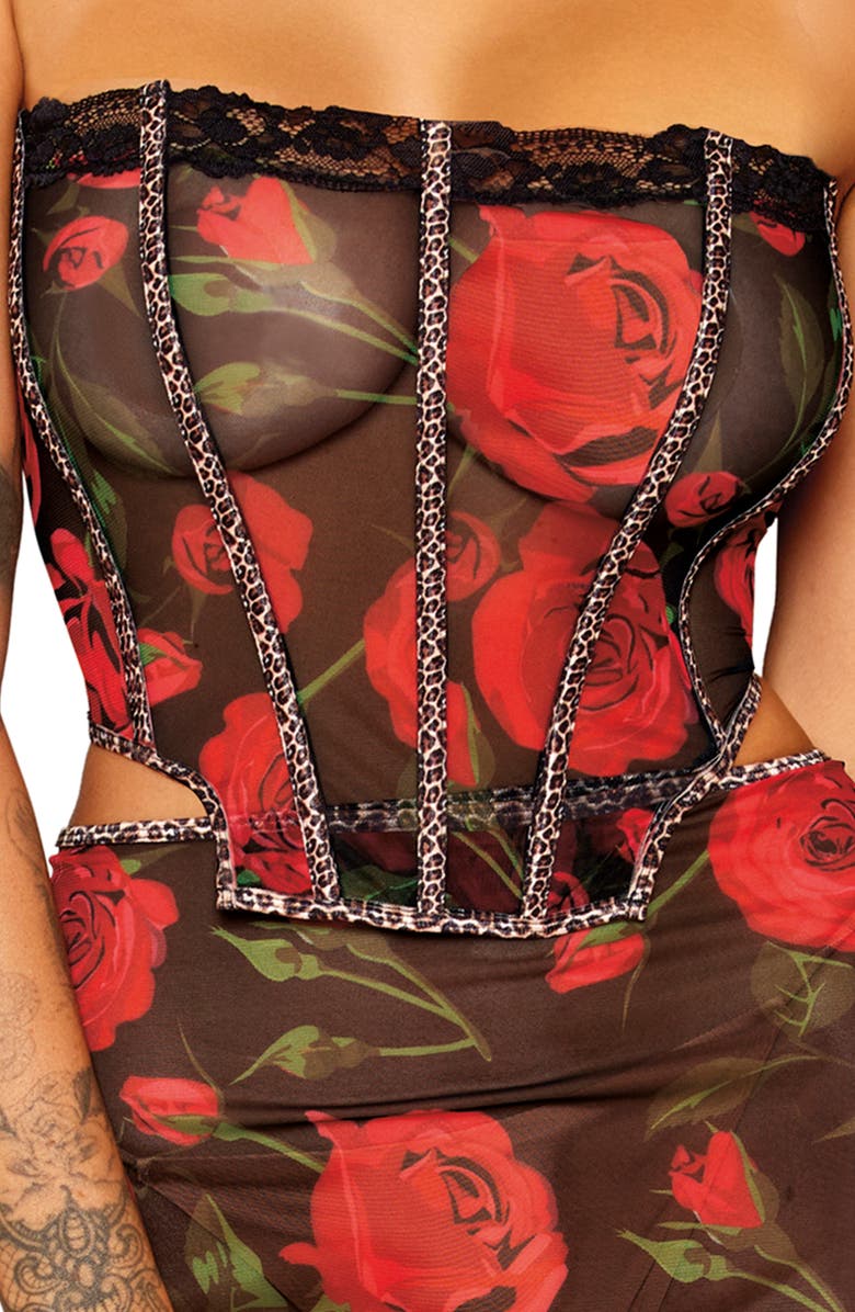 Dreamgirl Lace Trim Floral Mesh Bustier, Skirt & Choker Set, Alternate, color, Red Rose