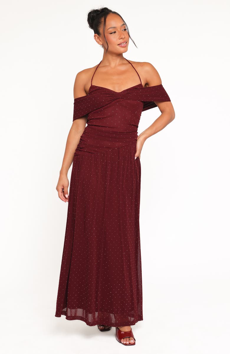 Petal & Pup Mayven Dot Halter Neck Gown, Alternate, color, Burgundy