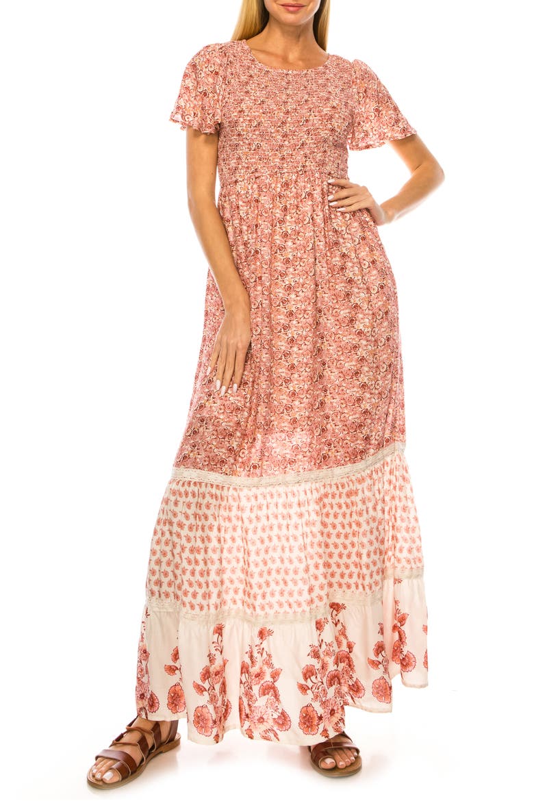 Floral Smocked Bodice Tiered Maxi Dress, Main, color, ROSE PINK