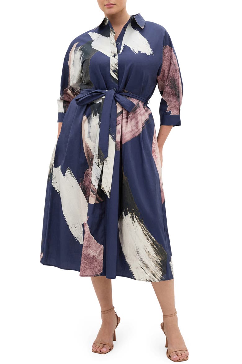 Angel Brushstroke Belted Cotton Shirtdress, Main, color, NAVY MODERN MUSE