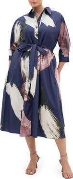 City Chic Angel Brushstroke Belted Cotton Shirtdress