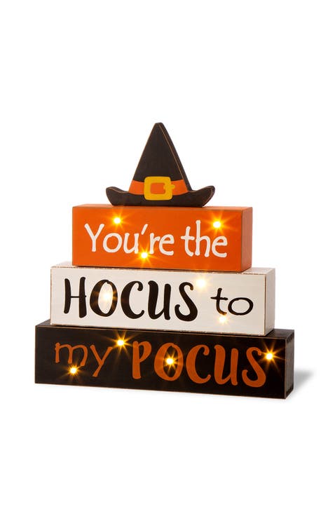 11.5"H  Halloween Wooden Lighted Witch/Word Block Table Decor w/Timer