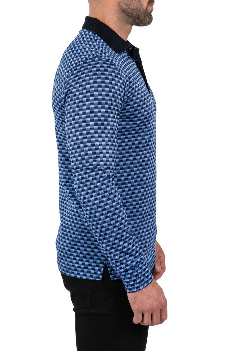 Geometric Long Sleeved Cotton Polo, Alternate, color, BLUE