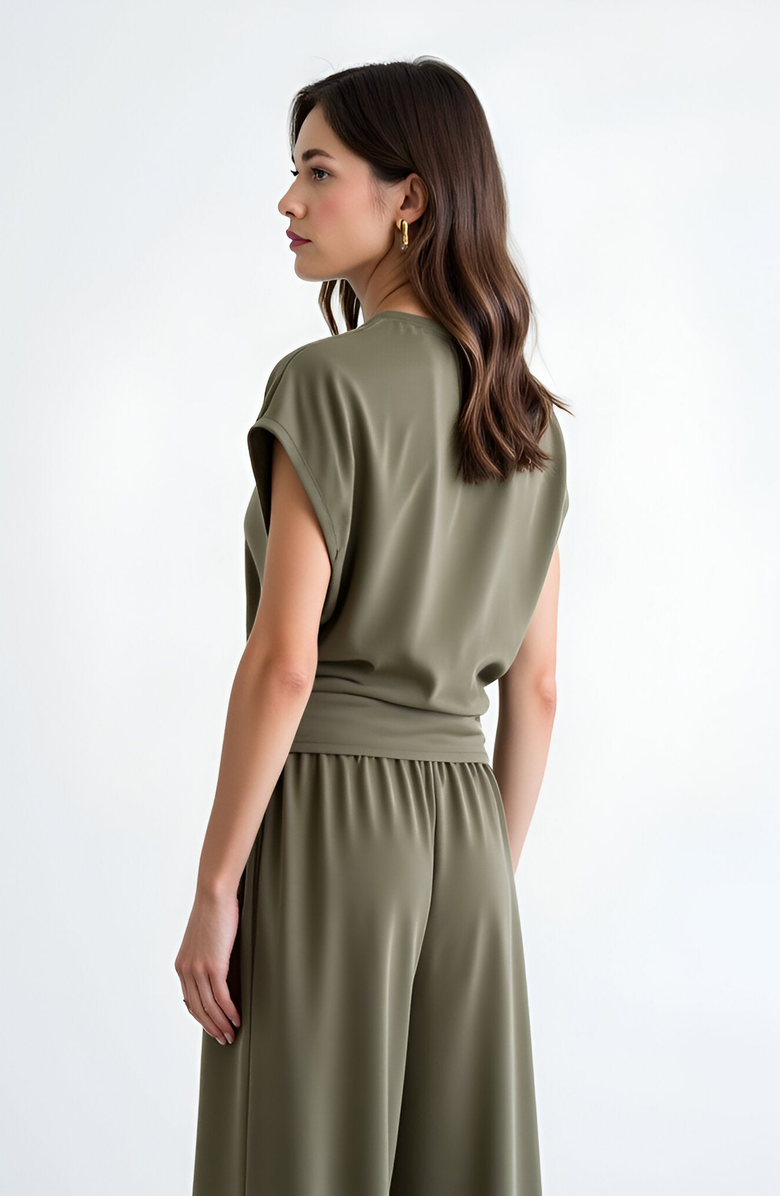 Modenaire Ruched Side Cap Sleeve Top with Cinched Waist and Relaxed Fit, Alternate, color,