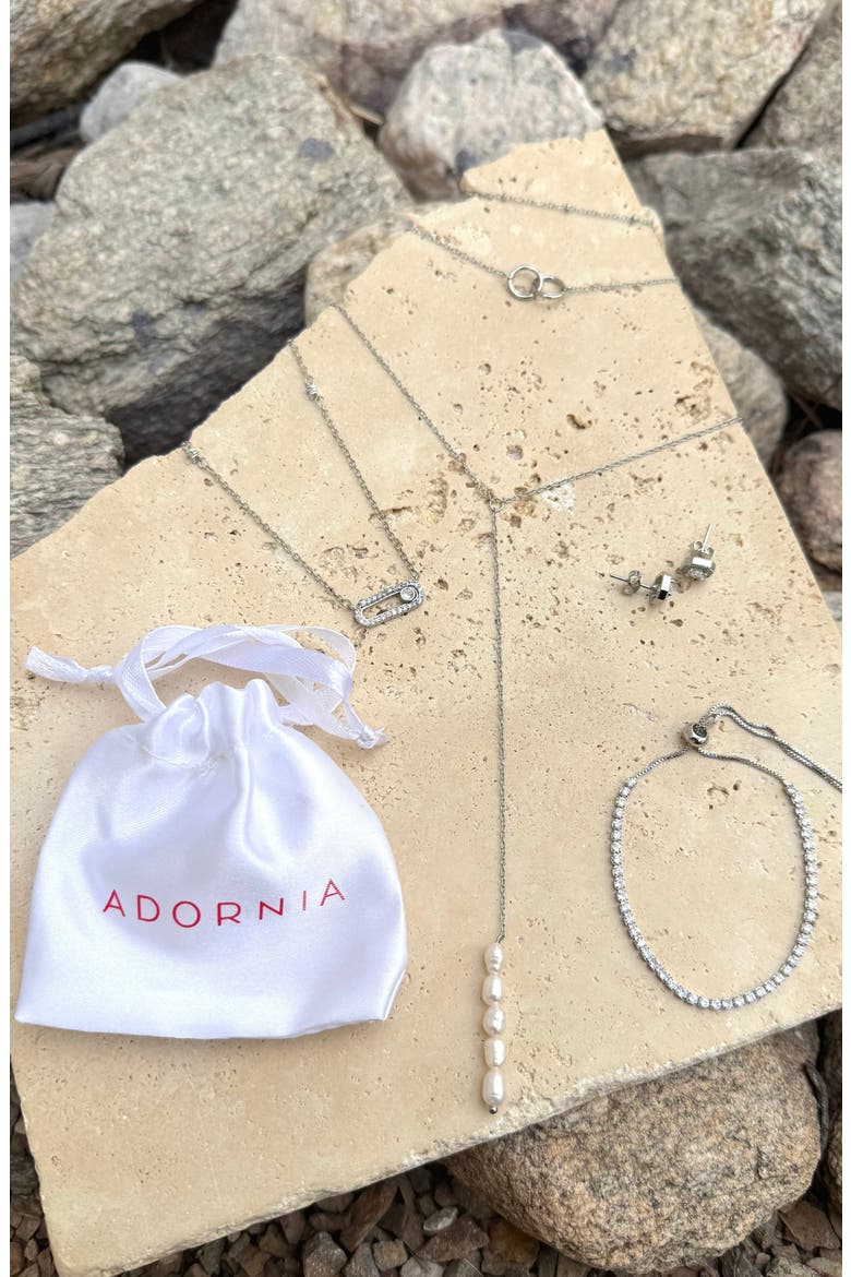 Pendant Lariat Necklaces, Tennis Bracelet & Halo Stud Earrings Set, Alternate, color, SILVER