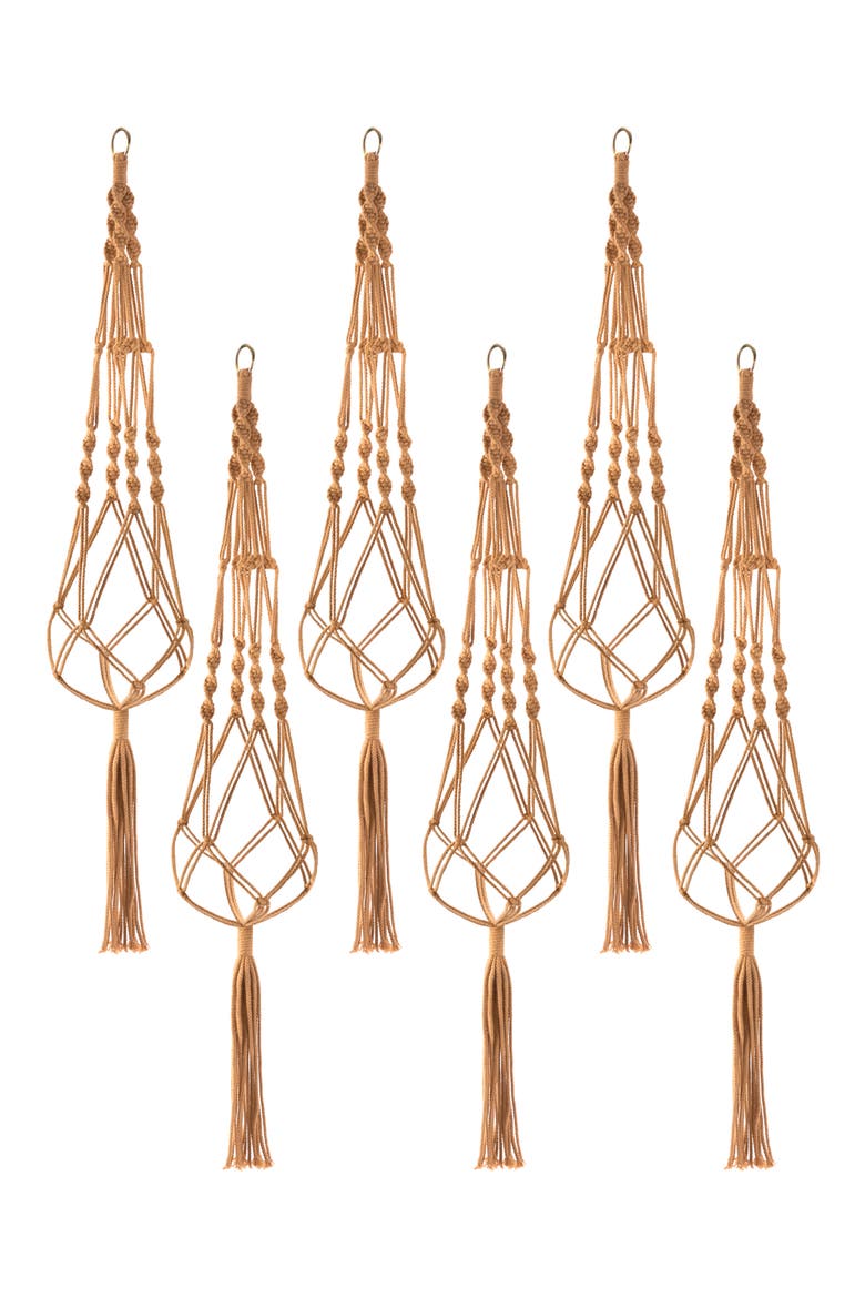Set of 6 Macramé Plant Hangers, Main, color, BROWN